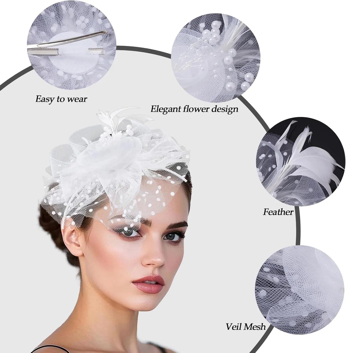 Fascinators Hat for Women Tea Party Veil Mesh Headband Feather Hat Half Lace Gloves Pearl Jewelry Set