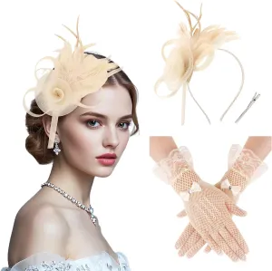 Fascinators Hats for Women and Lace Gloves Set, Derby Hat Vintage Tea Party Hats Headband 1920s Accessories for Women Girls
