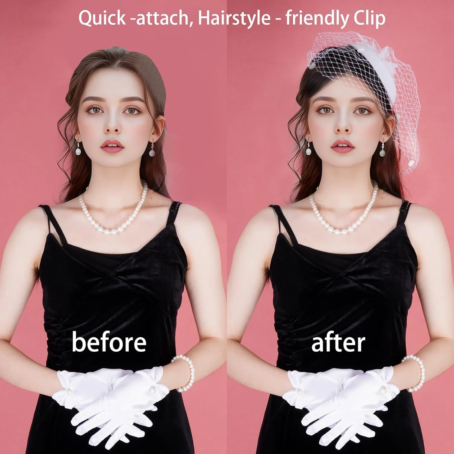 Fascinators Hats for Women, Black Tea Party Hat and Gloves Set, 5 Pcs Tea Party Accessories