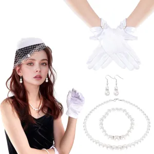 Fascinators Hats for Women, Black Tea Party Hat and Gloves Set, 5 Pcs Tea Party Accessories