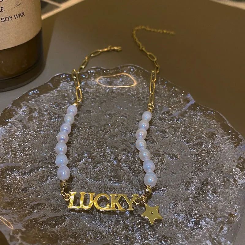 Fashion Baroque Pearl Lucky Letter Necklaces Charm Jewelry XYS0159