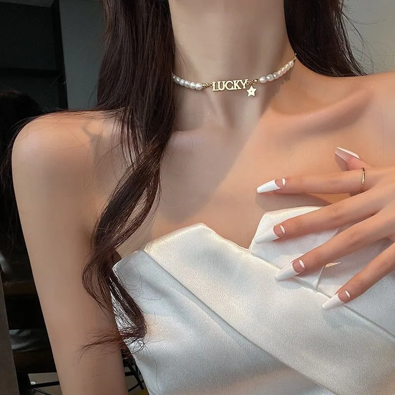 Fashion Baroque Pearl Lucky Letter Necklaces Charm Jewelry XYS0159