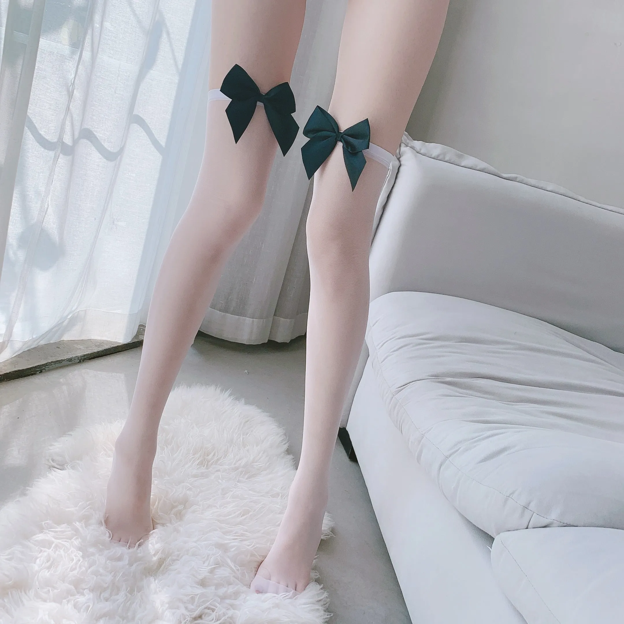 Fashion Pink Legs Socks for Women Cosplay Cute Bow Sexy White Black Mesh Fishnet Transparent Thigh High Stockings Long Knee Sock