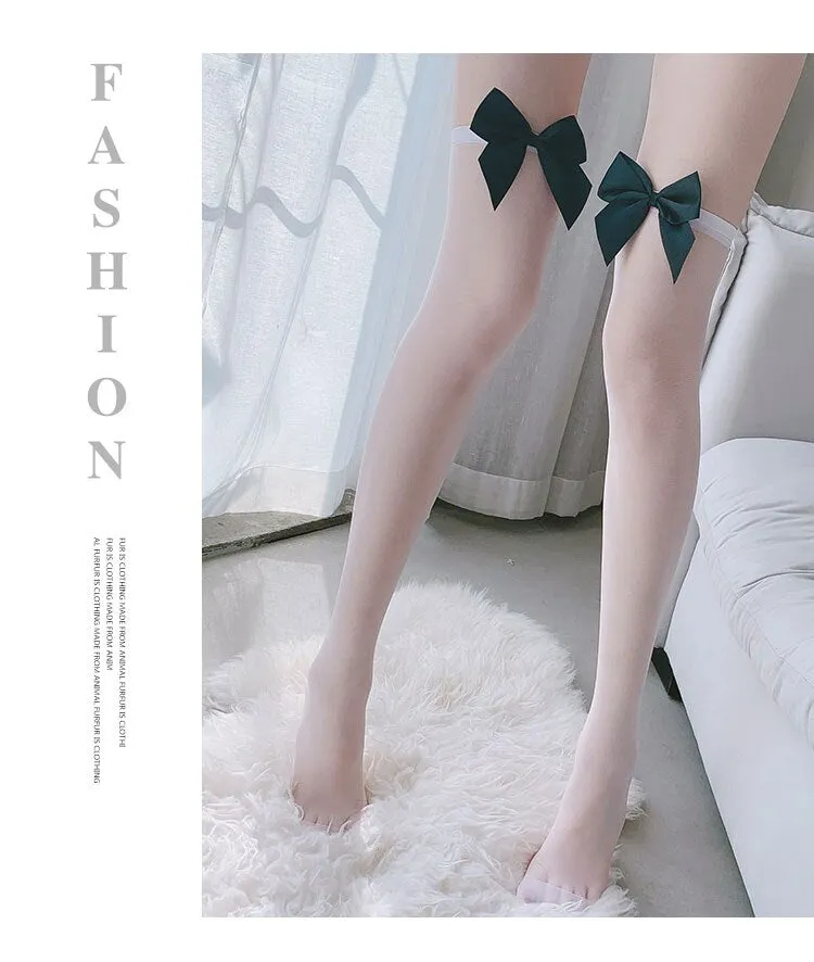 Fashion Pink Legs Socks for Women Cosplay Cute Bow Sexy White Black Mesh Fishnet Transparent Thigh High Stockings Long Knee Sock