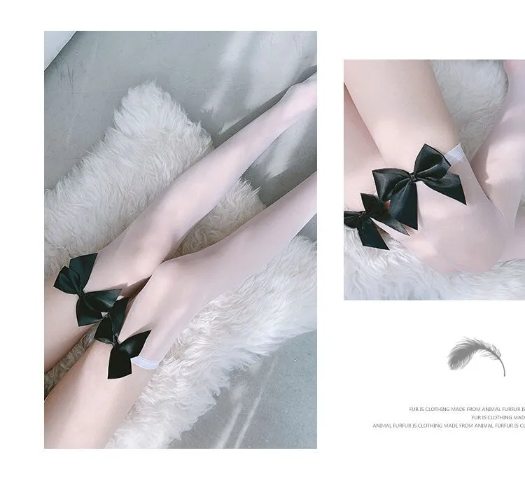 Fashion Pink Legs Socks for Women Cosplay Cute Bow Sexy White Black Mesh Fishnet Transparent Thigh High Stockings Long Knee Sock