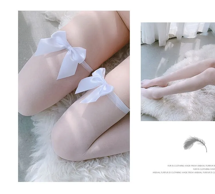 Fashion Pink Legs Socks for Women Cosplay Cute Bow Sexy White Black Mesh Fishnet Transparent Thigh High Stockings Long Knee Sock