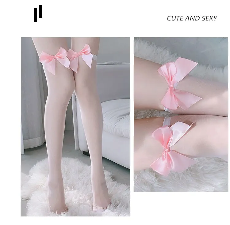 Fashion Pink Legs Socks for Women Cosplay Cute Bow Sexy White Black Mesh Fishnet Transparent Thigh High Stockings Long Knee Sock