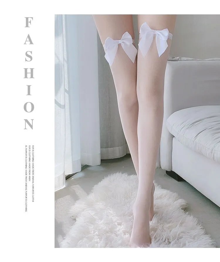 Fashion Pink Legs Socks for Women Cosplay Cute Bow Sexy White Black Mesh Fishnet Transparent Thigh High Stockings Long Knee Sock