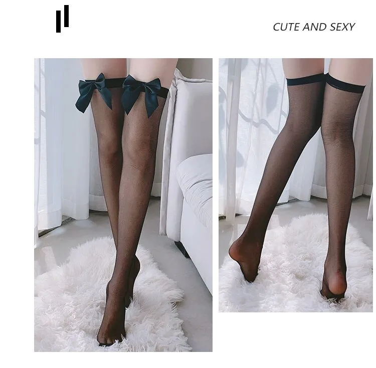 Fashion Pink Legs Socks for Women Cosplay Cute Bow Sexy White Black Mesh Fishnet Transparent Thigh High Stockings Long Knee Sock