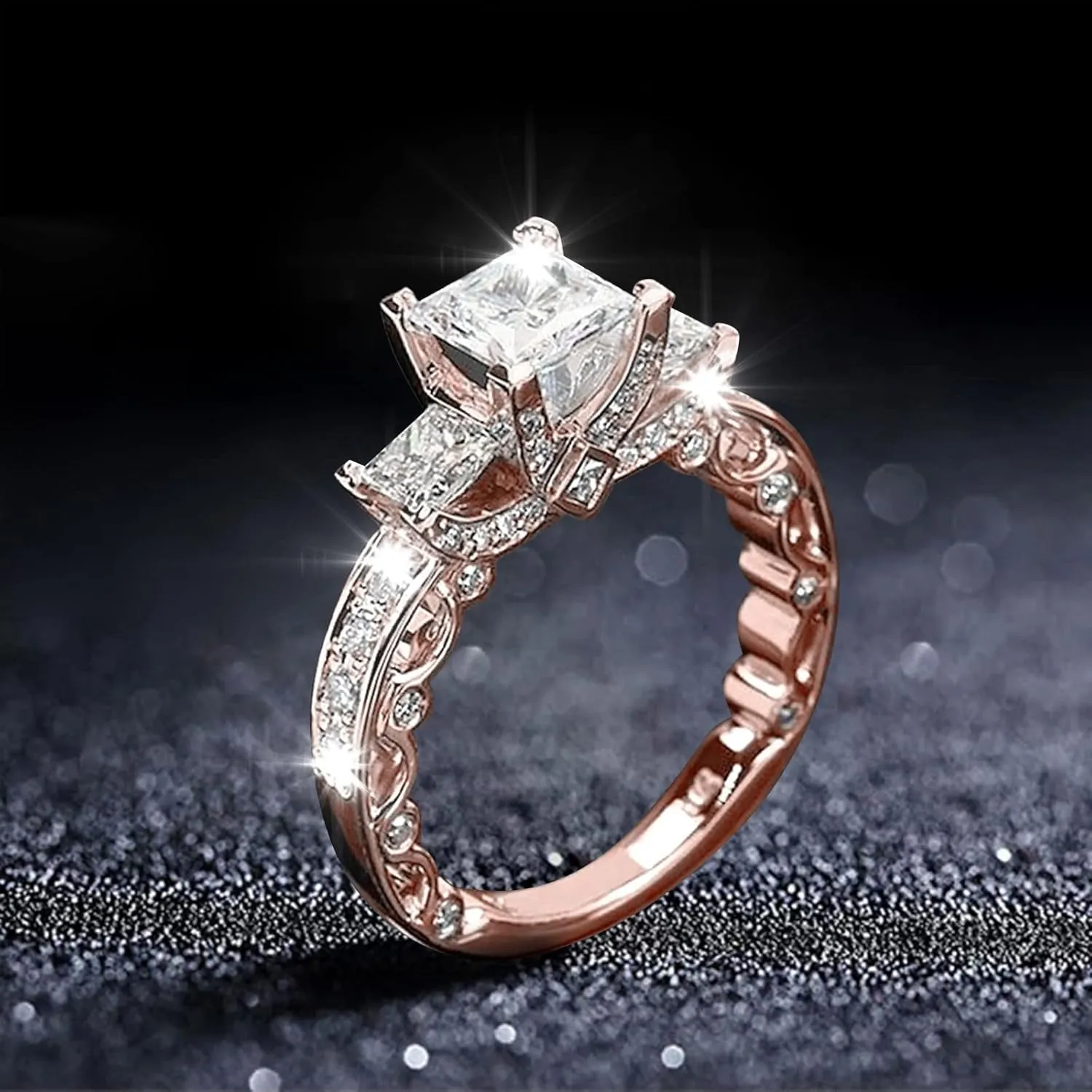 Fashion Three Stones All Princess Cut Cubic Zirconia Engagement Ring for Women Bridal Wedding Anniversary Rings
