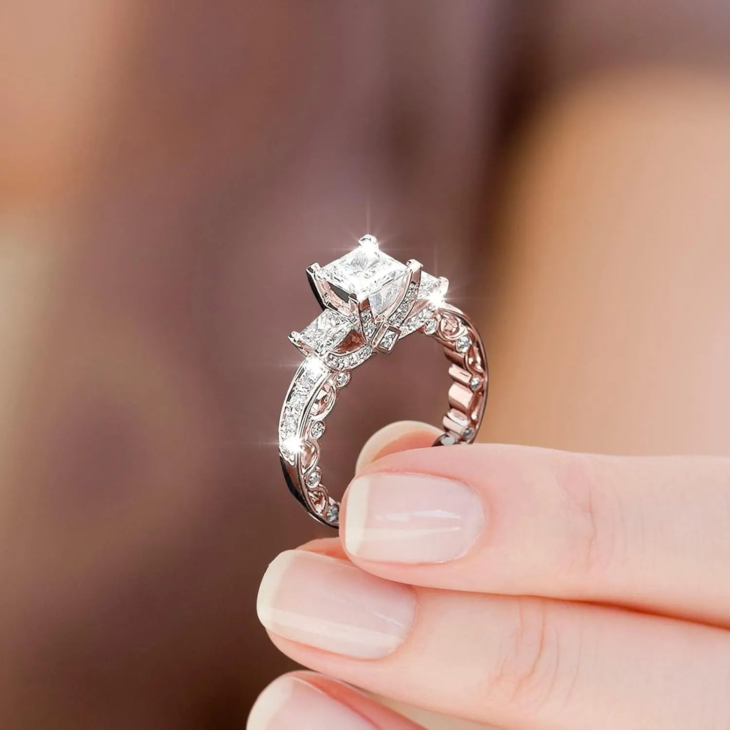 Fashion Three Stones All Princess Cut Cubic Zirconia Engagement Ring for Women Bridal Wedding Anniversary Rings