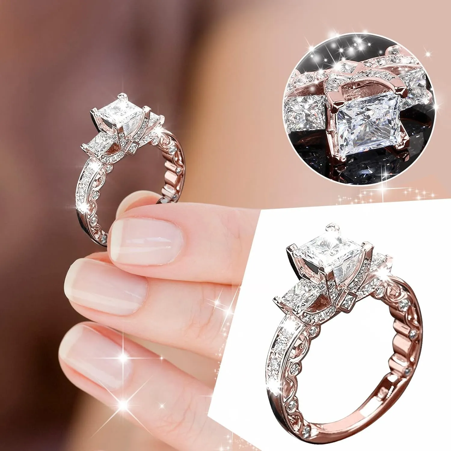 Fashion Three Stones All Princess Cut Cubic Zirconia Engagement Ring for Women Bridal Wedding Anniversary Rings