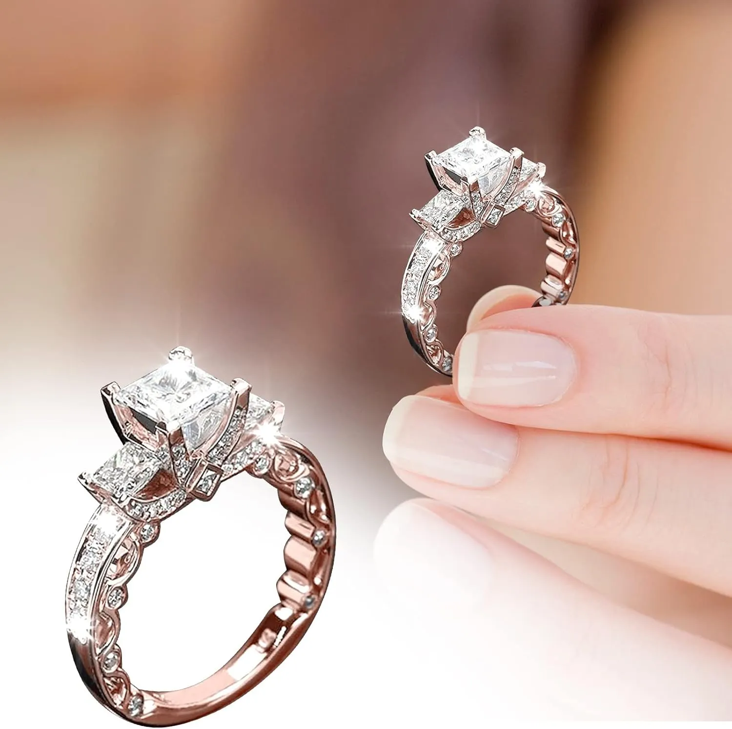 Fashion Three Stones All Princess Cut Cubic Zirconia Engagement Ring for Women Bridal Wedding Anniversary Rings
