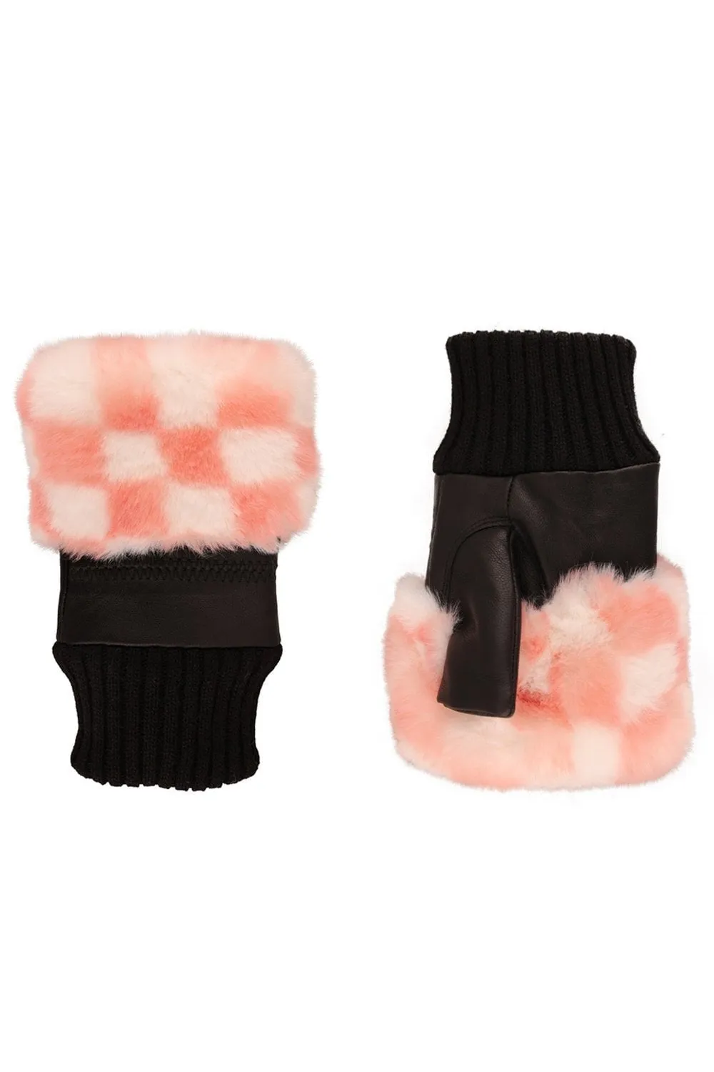 Faux Fur Check Fingerless Gloves