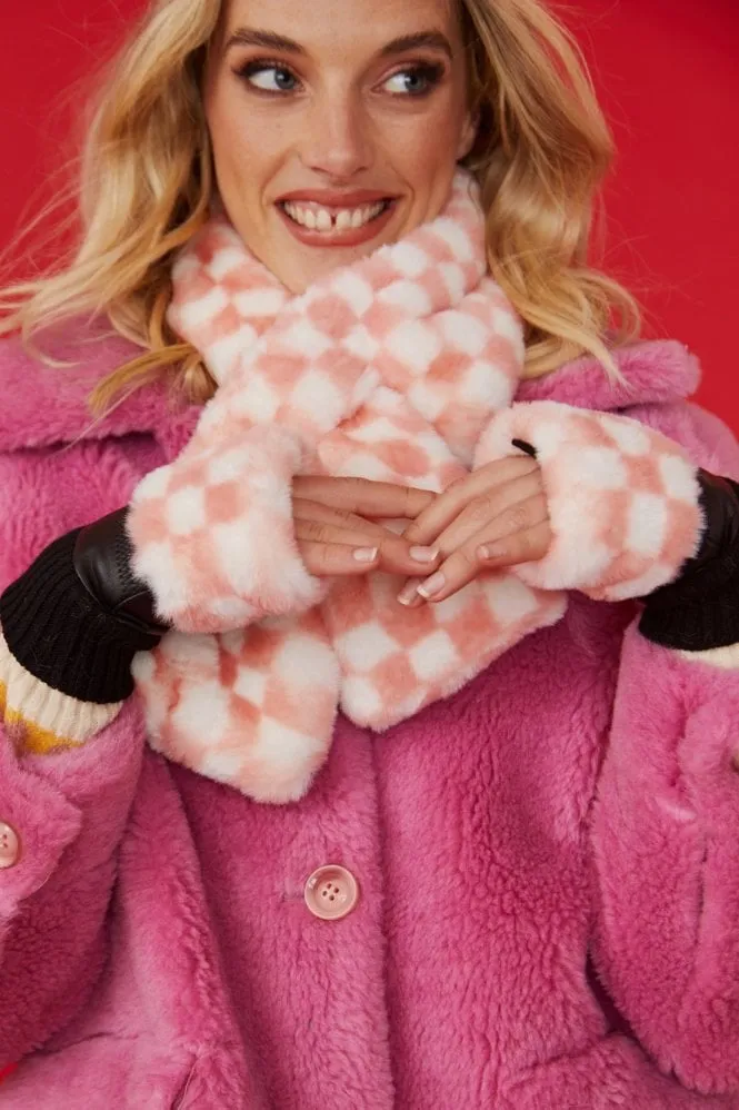 Faux Fur Check Fingerless Gloves