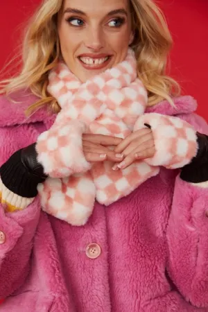 Faux Fur Check Fingerless Gloves