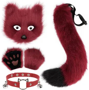 Faux Fur Fox Tail Cat Mask Paw Gloves and Leather Choker Costume Accessories Set for Halloween Cosplay Parties