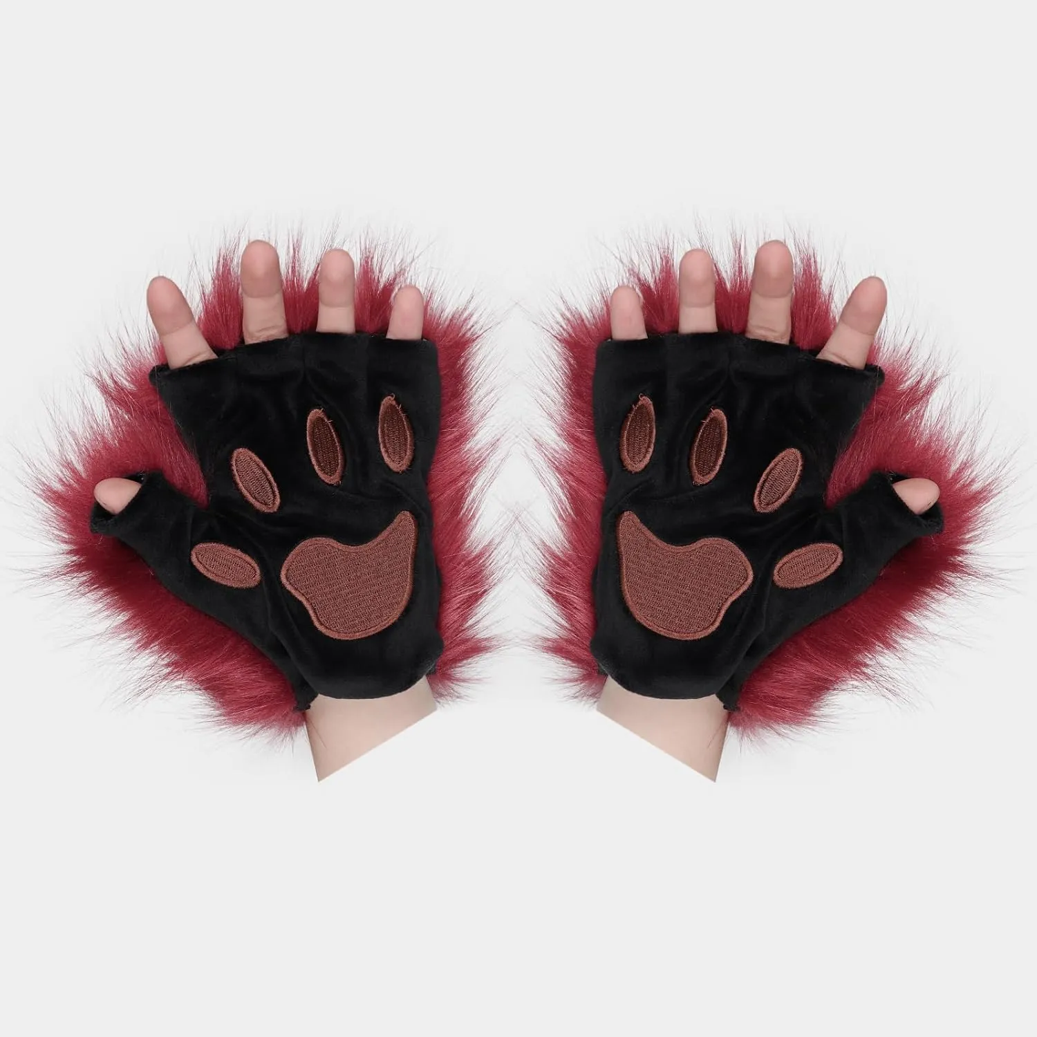 Faux Fur Fox Tail Cat Mask Paw Gloves and Leather Choker Costume Accessories Set for Halloween Cosplay Parties
