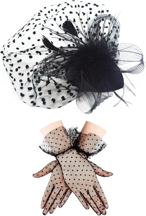 Feather Veil Mesh Hat Lace Short Glove,50s Costume Accessories for Women Wedding,Fascinators for Women Tea Party,50s Vintage Hat Wedding Feather Veil Hair Clip,Headwear with Veil for Girls Women