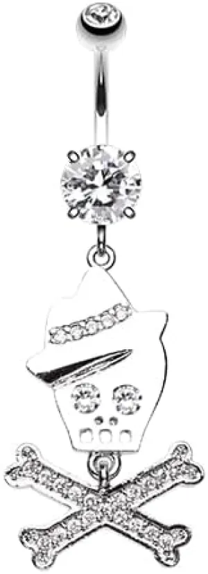 Fedora Skull & Crossbones Sparkle Cubic Zirconia Navel Dangle Belly Button Ring