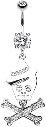 Fedora Skull & Crossbones Sparkle Cubic Zirconia Navel Dangle Belly Button Ring