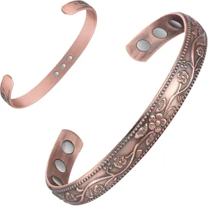 Feraco 99.99% Pure Copper Bracelet for Women, 11X Ultra Strength Magnetic Copper Cuff Bangle with 3500 Gauss Neodymium Magnets, Adjustable Vintage Flower Collection