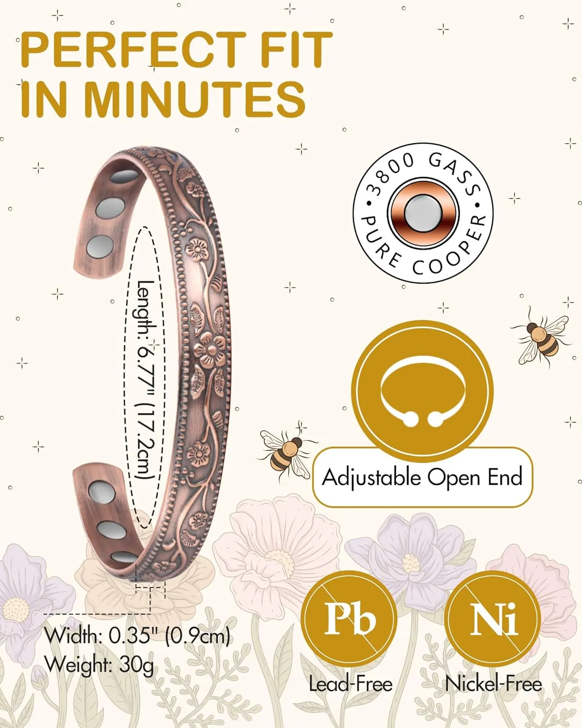 Feraco 99.99% Pure Copper Bracelet for Women, 11X Ultra Strength Magnetic Copper Cuff Bangle with 3500 Gauss Neodymium Magnets, Adjustable Vintage Flower Collection