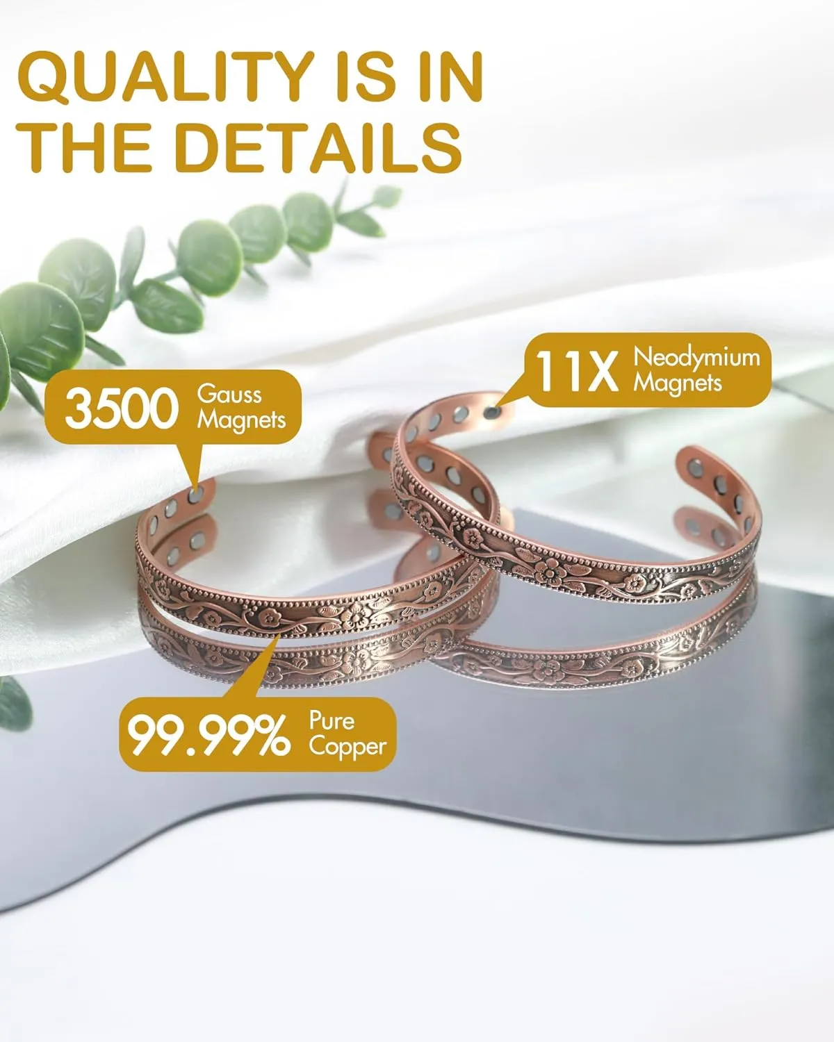 Feraco 99.99% Pure Copper Bracelet for Women, 11X Ultra Strength Magnetic Copper Cuff Bangle with 3500 Gauss Neodymium Magnets, Adjustable Vintage Flower Collection