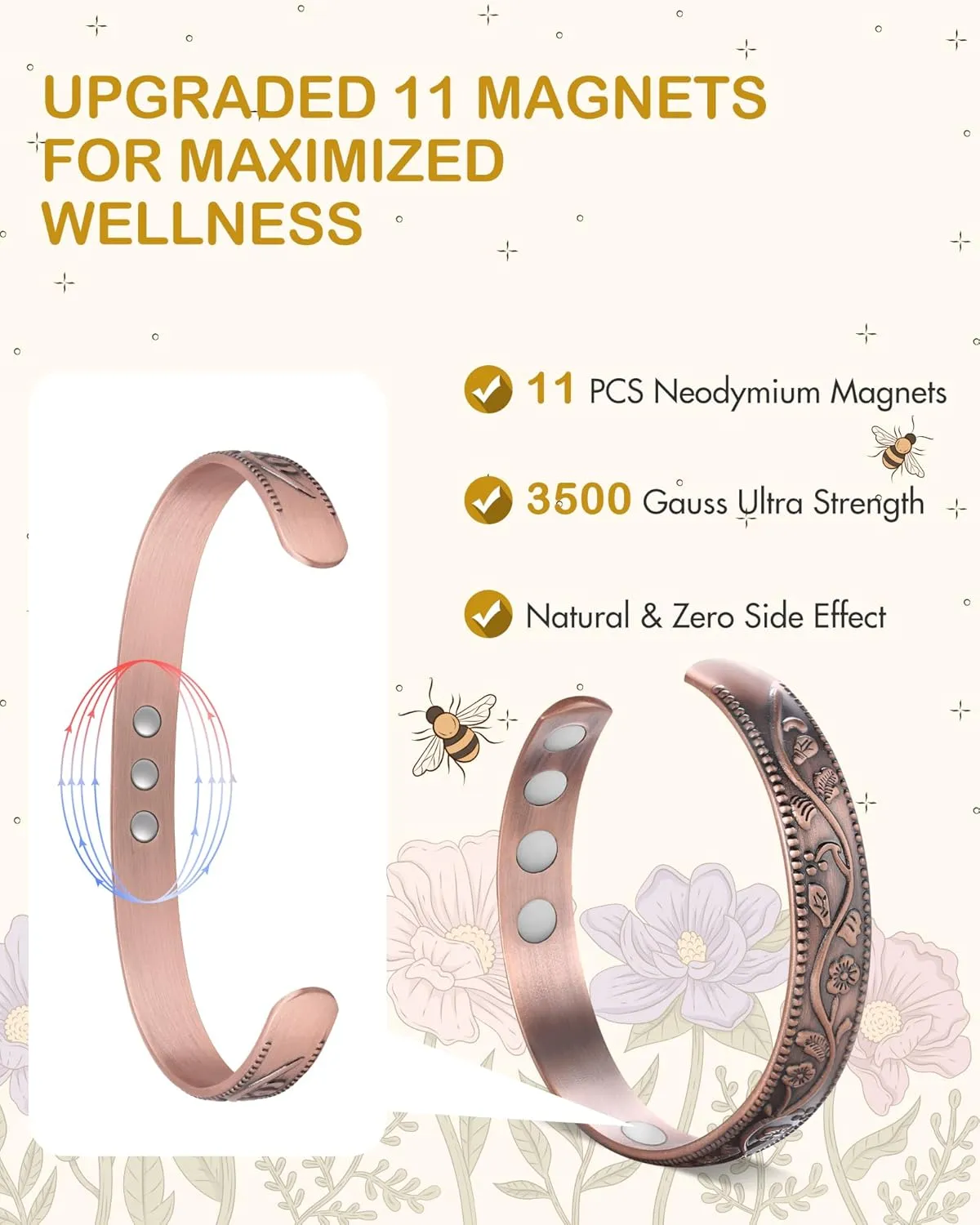 Feraco 99.99% Pure Copper Bracelet for Women, 11X Ultra Strength Magnetic Copper Cuff Bangle with 3500 Gauss Neodymium Magnets, Adjustable Vintage Flower Collection