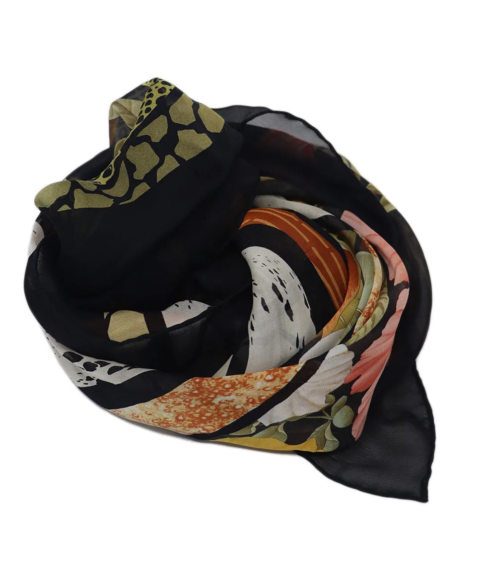 Ferragamo Black Floral Print Silk Scarf