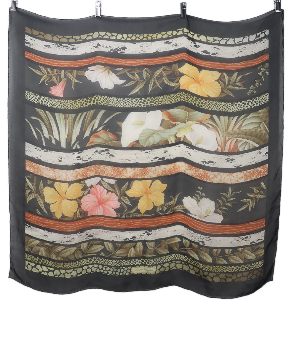 Ferragamo Black Floral Print Silk Scarf