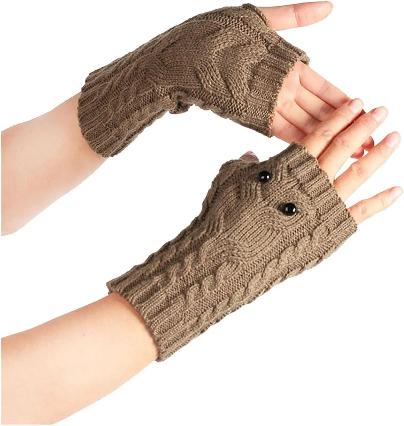 Fingerless Gloves Cute Owls Eyes Twist Knitted Elastic Wrist Winter Warm Gloves for Women Girls, Khaki, Multisize