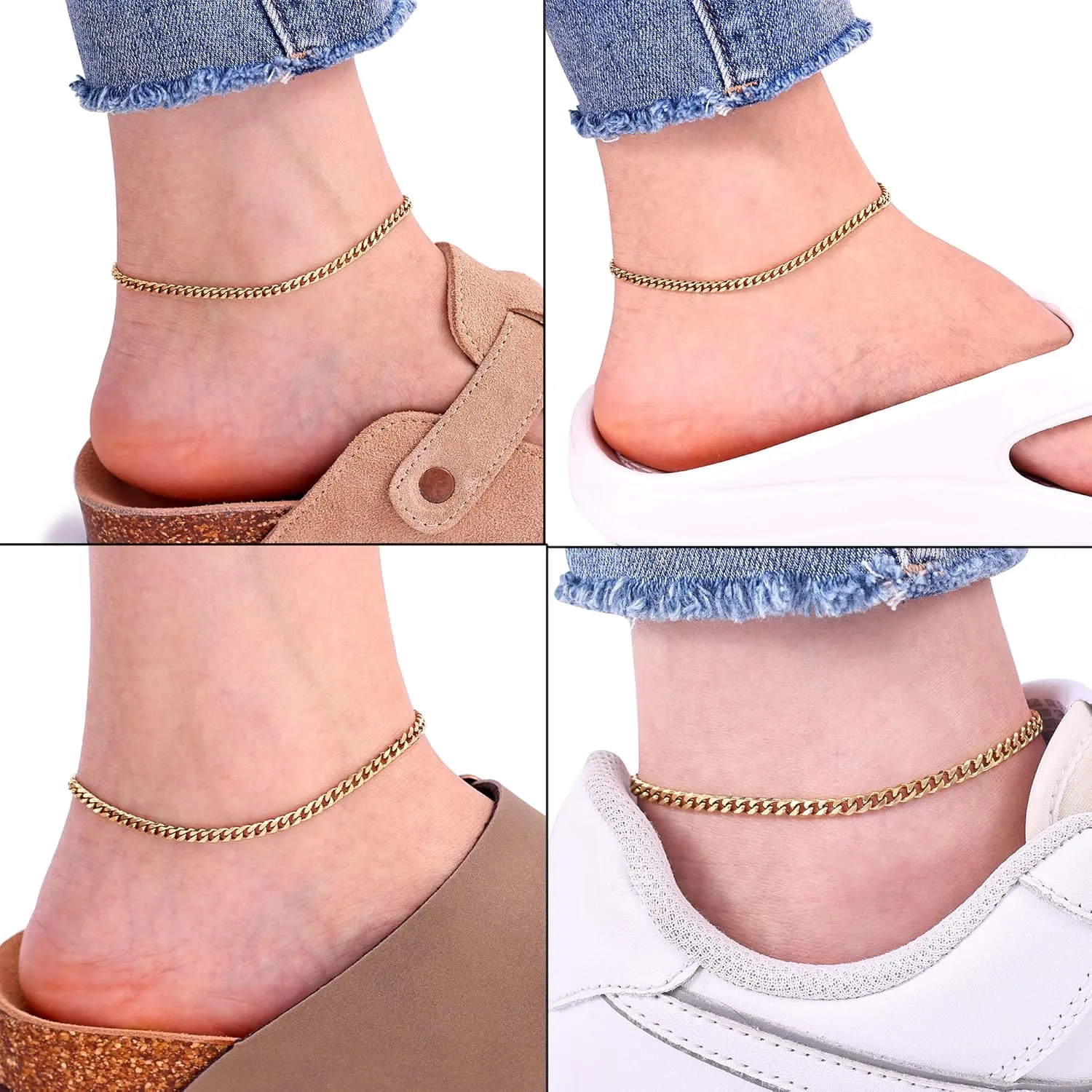 Fiusem Silver Tone/Gold Anklet for Women, 3.5mm Stainless Steel Cuban link Chain Anklets for Women, Women's Anklets 9"/10"/11"