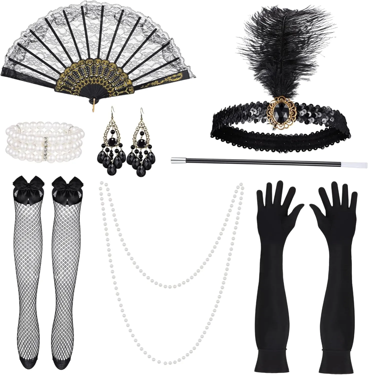 Flapper Headband Pearl Necklace Set Women's Long Gloves Silk Stockings 1920s Vintage Party Accessories