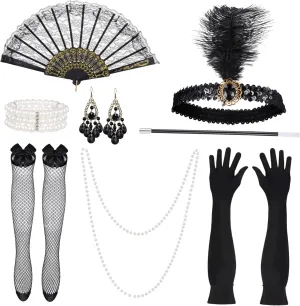 Flapper Headband Pearl Necklace Set Women's Long Gloves Silk Stockings 1920s Vintage Party Accessories