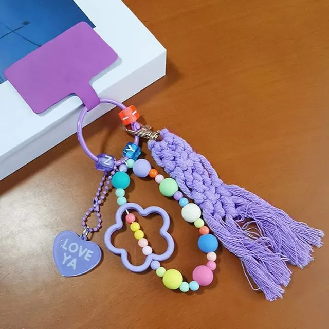 Floral Heart Tassel Phone Strap with Lanyard Pad