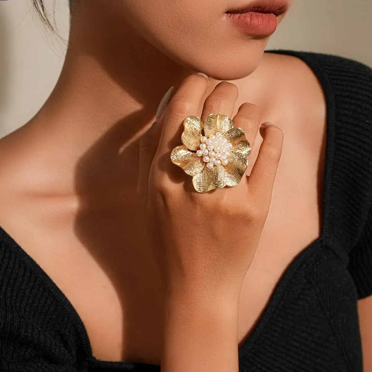 Flower Ring for Women Trendy Gold Silver Flower Pearl Statement Ring Adjustable Minimalist Jewelry
