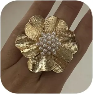 Flower Ring for Women Trendy Gold Silver Flower Pearl Statement Ring Adjustable Minimalist Jewelry