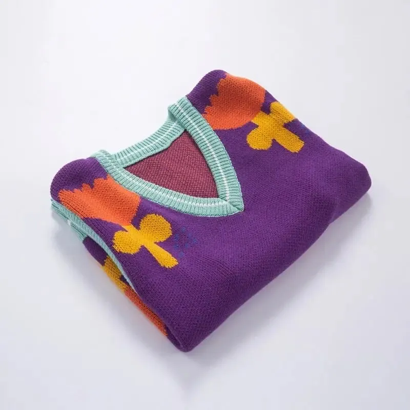 Flower Vintage V-neck Knitted Vest