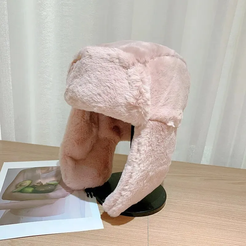 Fluffy Faux Fur Earflap Pilot Style Winter Hats for Women