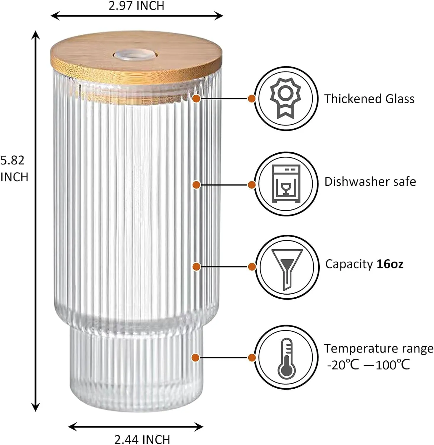 FOMQUAZLI Ribbed Drinking Glasses with Wooden Lid and Glass Straws, 450ML Glass Cups Vintage Fluted Glassware Iced Coffee Cup, Coffee Bar Accessories for Whiskey Cocktail Beer Coffee Tea Tumbler 1Pcs