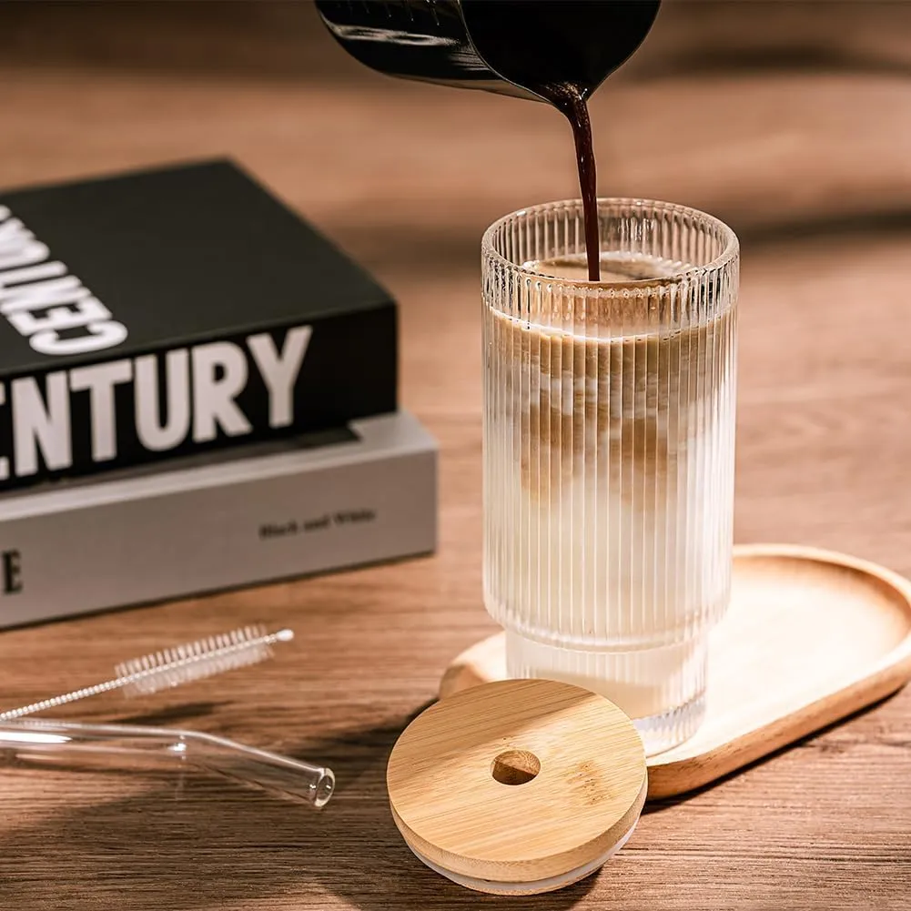 FOMQUAZLI Ribbed Drinking Glasses with Wooden Lid and Glass Straws, 450ML Glass Cups Vintage Fluted Glassware Iced Coffee Cup, Coffee Bar Accessories for Whiskey Cocktail Beer Coffee Tea Tumbler 1Pcs