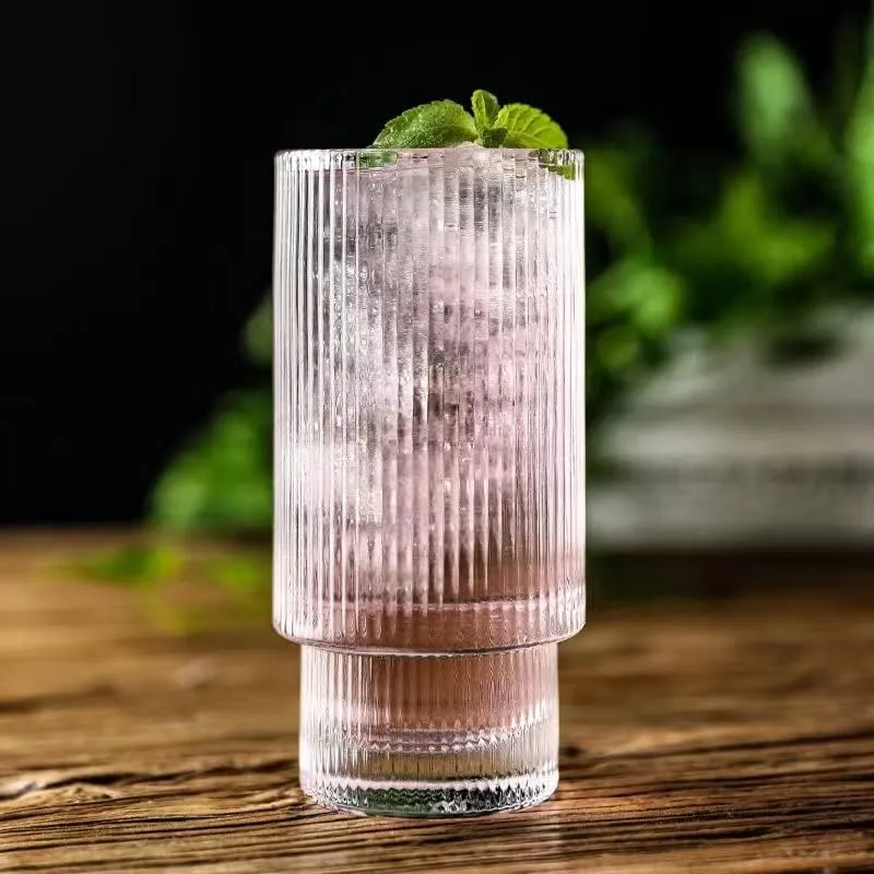 FOMQUAZLI Ribbed Drinking Glasses with Wooden Lid and Glass Straws, 450ML Glass Cups Vintage Fluted Glassware Iced Coffee Cup, Coffee Bar Accessories for Whiskey Cocktail Beer Coffee Tea Tumbler 1Pcs