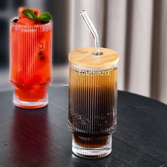 FOMQUAZLI Ribbed Drinking Glasses with Wooden Lid and Glass Straws, 450ML Glass Cups Vintage Fluted Glassware Iced Coffee Cup, Coffee Bar Accessories for Whiskey Cocktail Beer Coffee Tea Tumbler 1Pcs