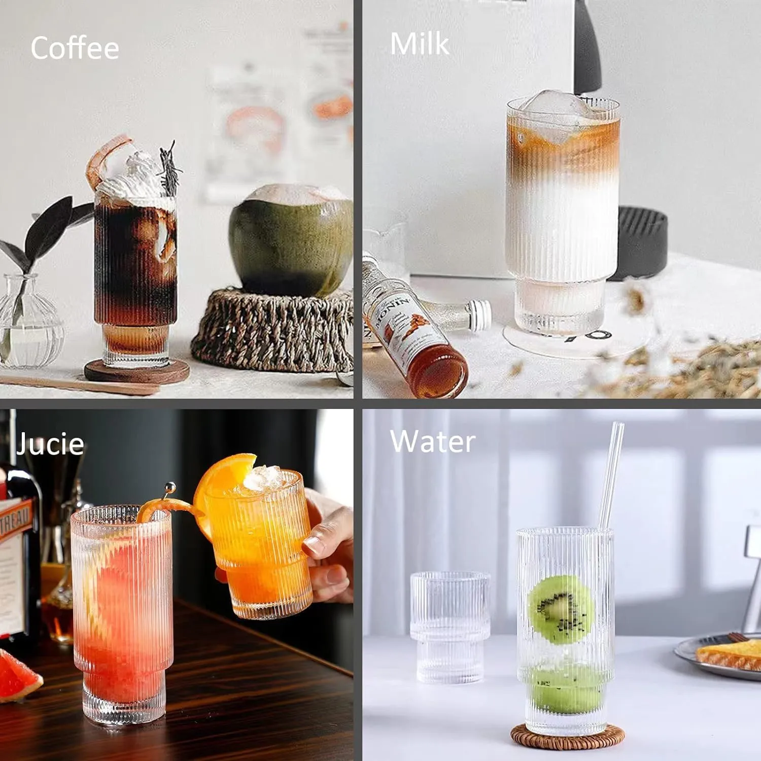 FOMQUAZLI Ribbed Drinking Glasses with Wooden Lid and Glass Straws, 450ML Glass Cups Vintage Fluted Glassware Iced Coffee Cup, Coffee Bar Accessories for Whiskey Cocktail Beer Coffee Tea Tumbler 1Pcs