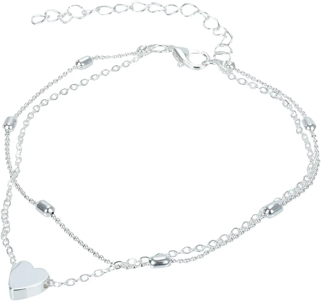 Foot Chain Heart Bracelet Double Chain Womens Anklets Jewelry Cute Anklet Adjustable Anklets Adjustable Bracelet Summer Beach Jewelry
