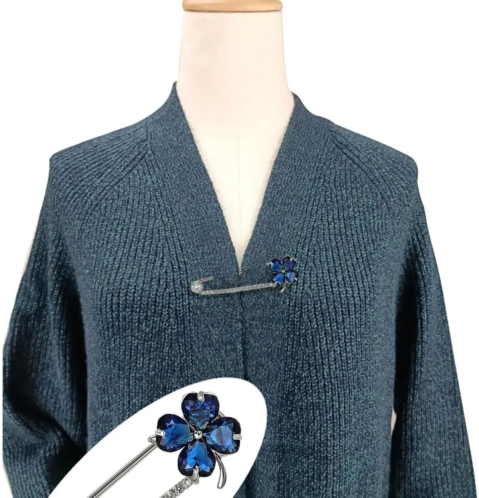 Four Leaf Clover Brooch for Women Dainty Flower Rhinestone Lapel Pin for Jackets Suit Sweaters Safety Pin for Coats Jewelry Accessories