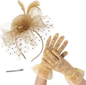 Framendino, 2 Pack Women Fascinator Hat and Lace Gloves with Headband Clip for Wedding Tea Party Feast Banquet (Khaki)