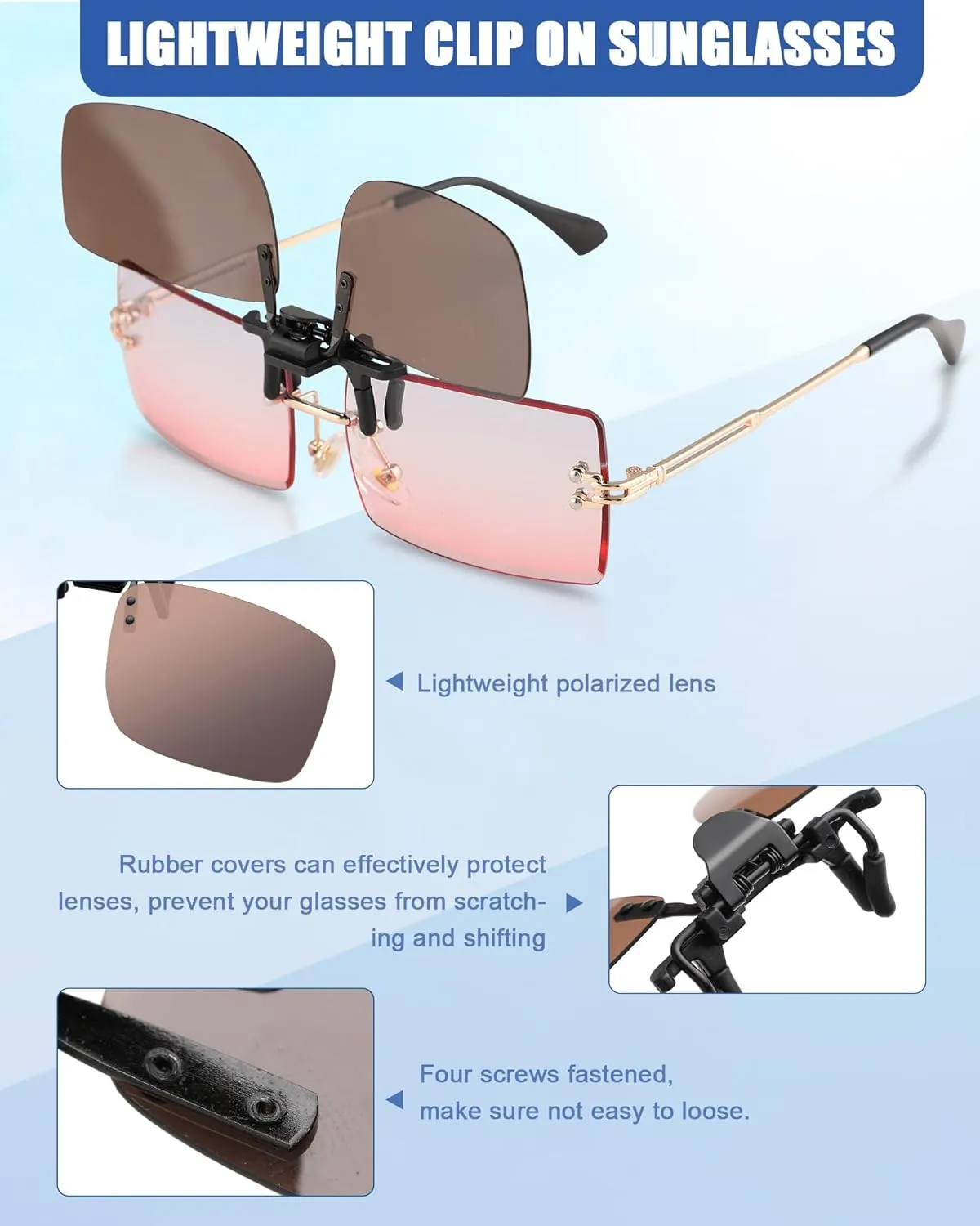 Frienda 5 Pairs Polarized Clip On Sunglasses Rimless Flip Up Anti Glare Driving Glasses