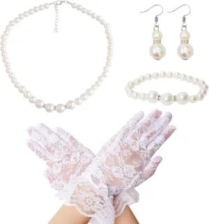 Fumwase 4 Pcs Pearl Necklace Bracelet Earrings Jewelry Sets and Short Lace Gloves Girls for Tea Party Sets Wedding Pageant Halloween Cosplay